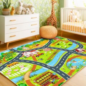 Pionblank Kids Rug for Playroom, 4x5 Farm Play Mat for Boys Girls
