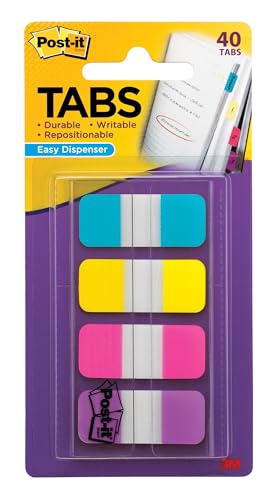 Post-it Sticky Tabs, .625 in. x 1.5 in., 4 Pads of Book Tabs in Assorted Bright Colors for Bookmarking, Annotating, Reading, and Reminders, Pink, Purple, Yellow, and Blue Colors (40 Total Count)