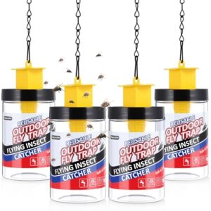 Qualirey 4 Pcs Fly Traps Outdoor Reusable Hanging Fly Jar Trap Gnat Bug Catcher Killer for All Flies Outside Filth Flies Insect Bug Control Patios Yard Ranch Barns(Yellow)