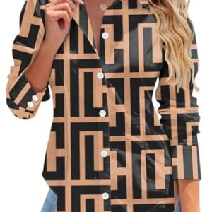 Rapbin Long Sleeve Blouses Women Button Down Dress Shirts Maze Khaki,S