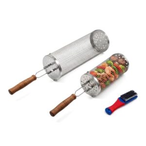Rolling Grill Baskets, Removable Wooden Handle, Nesting BBQ Tools