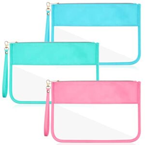 Sanwuta 3 Pcs Clear Flat Zipper Makeup Pouch for Travel, Pink, Green, Blue