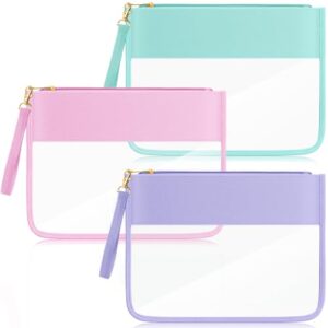 Sanwuta 3 Pcs Clear Flat Zipper Makeup Pouch for Travel, Pink Green Purple