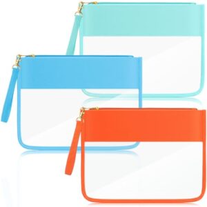 Sanwuta 3 Pcs Clear Travel Flat Zipper Makeup Pouch, Green Blue Orange