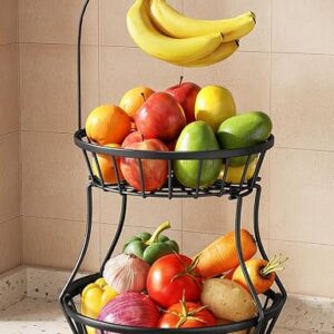 SAYZH 2-Tier Large Fruit Basket Bowl for Kitchen Counter with Banana Hanger