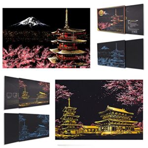 Scratch Rainbow Painting Art Paper,Scratch&Sketch Art for Adults,Scratch Painting Creative Gift Engraving Art&Craft Set,Scratchboard with 4 Tools,16''x11''(Japan Series)