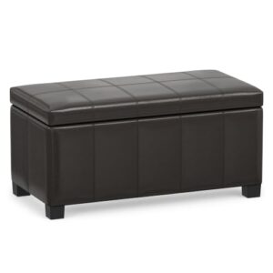 SIMPLIHOME Dover 36" Wide Vegan Leather Storage Ottoman in Tanners Brown