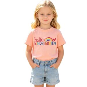 SOFEON Hello Kindergarten Shirt Toddler Girl First Day of School Shirts Kids Preschool T-Shirt Cute Rainbow Graphic Tees Top(Orange Pink,3T(100))
