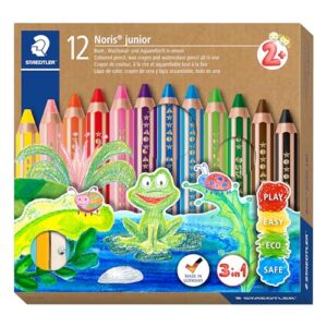 STAEDTLER Noris Junior 3-in-1 Jumbo Coloring Pencils: 12 Count - Colored Pencil, Wax Crayon, & Watercolor Pencil All In One, Toddler & Preschool Art for Ages 2+, With Sharpener, Easy Grip