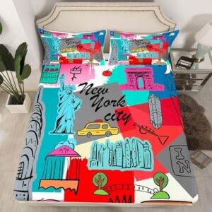 Statue of Liberty Fitted Sheet New York Cityscape Bed Sheet Set for Kids Children Teens Famous City Scene Bedding Set Historical Scenery Bed Cover Full Size with 2 Pillow Case