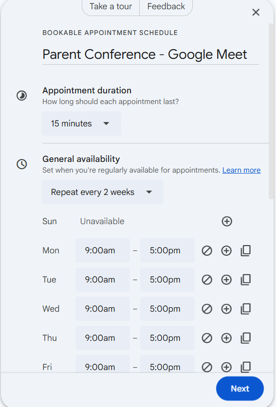 Appointment schedule setup panel for Parent Conference, Google Meet, showing 15 minute duration and weekday availability