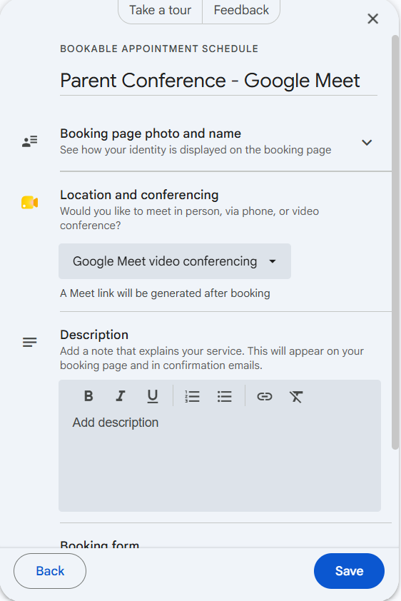Booking page settings for Parent Conference, Google Meet, showing the photo and name section, location and conferencing, and the description field