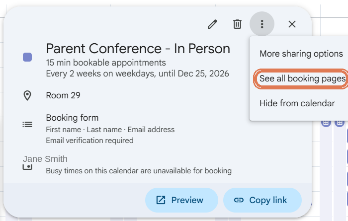 The booking page card showing Preview and Copy link, with the three dot menu open and See all booking pages circled