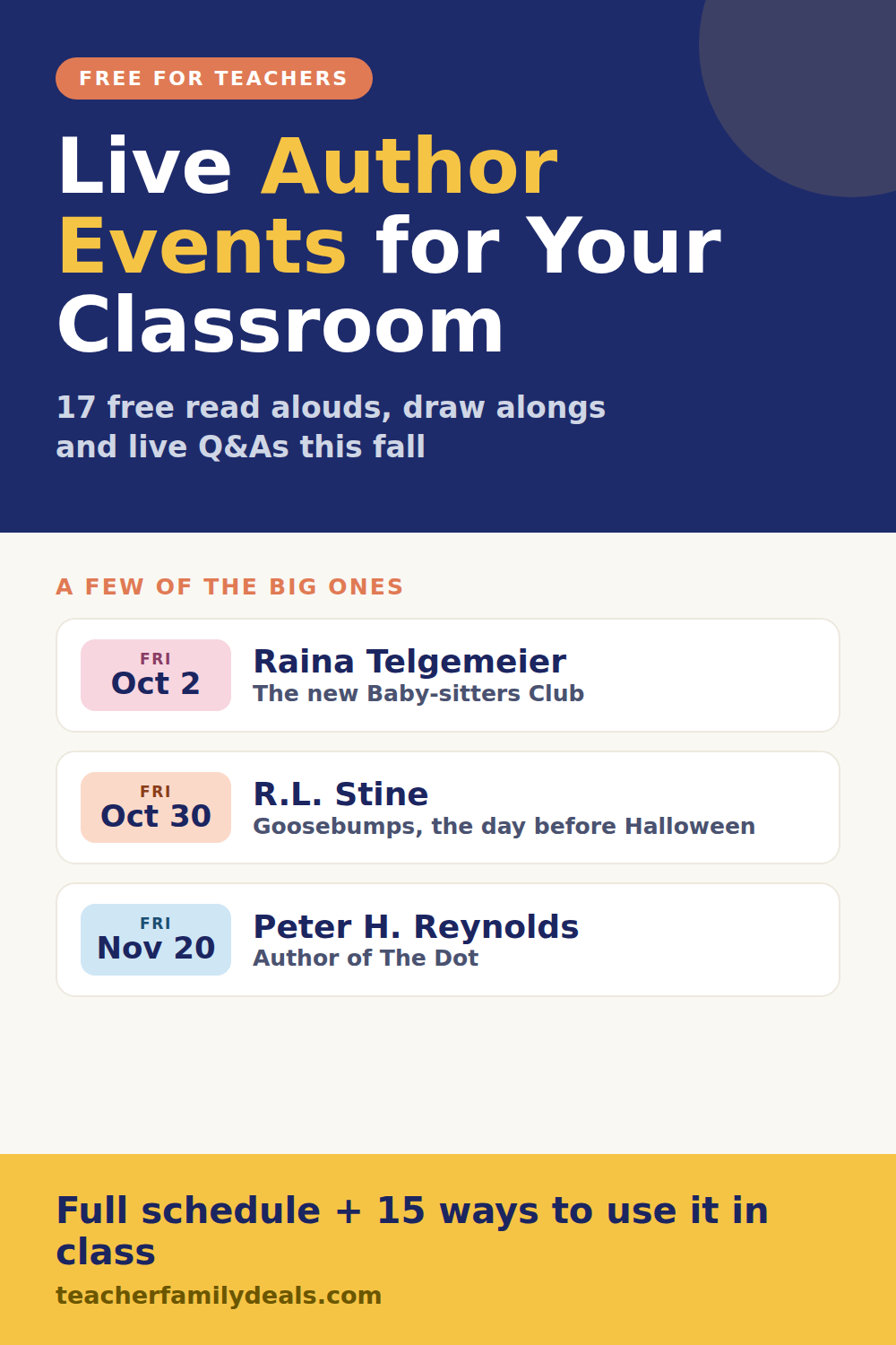Pinterest graphic listing free live author events for your classroom, highlighting Raina Telgemeier on October 2, R.L. Stine on October 30 and Peter H. Reynolds on November 20
