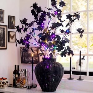 Suncalla 3 Pcs Halloween Branches Lighted Black Maple Leaf Stem, 31.5 Inch
