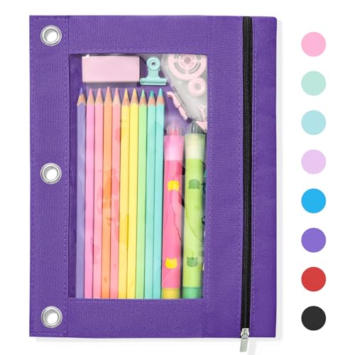SUNEE Pencil Pouch for 3 Ring Binder, Large Zipper Pencil Case with Clear Window, 3 Reinforced Grommets, Binder Accessories for School and Office Supplies Storage, Purple