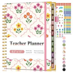 Teacher Planner 2026-2027, July 2026 - June 2027, Academic Weekly & Monthly Calendar Planner with Tabs, 8.5" x 11" A4 Teacher Lesson Plan Book with 7 Periods, Daily Agenda School Organizer for Teacher Student Homeschool, Bowknot Flowers