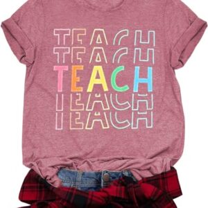 Teacher Shirts for Women Funny Vintage Teach Printed Graphic Tshirt Last Day of School Short Sleeve Tee Tops Pink