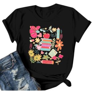 Teacher Shirts for Women Happy First Day of School T-Shirt Back to School Tops Kindergarten 100 Days of School Teacher Tee
