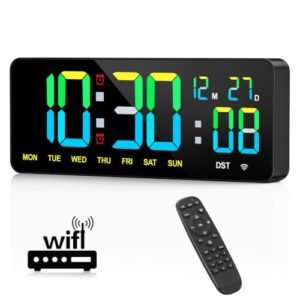 Tempospark WiFi Digital Clock 12", Digital Wall Clock WiFi Sync for Bedroom, Living Room, Classroom, WiFi Clock with Remote Control, Timer, Dual Alarms, Dimmer, Auto DST, Volume Control (Colorful)