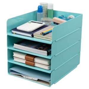Tiawudi Desk Organizer, Office Organization and Storage, Plastic Letter Tray, Stackable File Organizer for Classroom, Home, Documents, Notes, Folders, Books and Pens, 4 Tier
