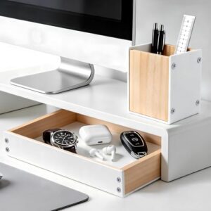 Tomkids Desk Tray with Pen Holder Set, Wooden Desktop Organizer Multifunctional Home Office Workspace Accessories for Watch, Pens, Keys (White)