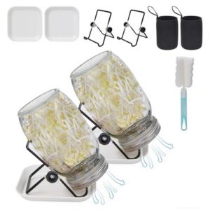 Toowood 2Pack Sprouting Kit,1000ml Sprouting Jar with Mesh Lids and Stands, Microgreens Sprouts Growing Kit, Broccoli Sprouts Growing Kit Jars with Screen Lids,Blackout Sleeves, Tray