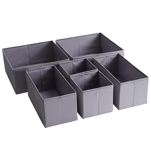 TYEERS Drawer Organizers, Durable Fabric, Washable, with Base Support Boards, Small Storage Boxes for Bathroom, Closet, Dresser, Set of 6, Dark Grey