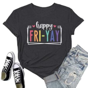 UKYEW Happy Friday Teacher Shirt Women Teacher Speech Therapy Graphic Tee Cute Friday Weekend Outing Casual Short Sleeve Tops (Small, Dark Grey)