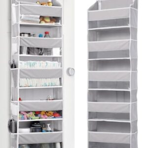 ULG 1 Pack Over Door Organizer with 5 Large Pockets 10 Mesh Side Pockets, 44 lbs Weight Capacity Hanging Storage Organizer with Clear Window for Kids Toys, Shoes, Diapers, Grey, 5 Layer