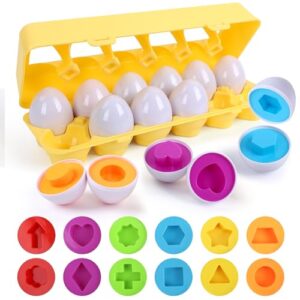 USATDD Matching Eggs for Toddlers Montessori Geometric Eggs Color & Shape Recognition Toy, Fine Motor Skills Shape Sorter Puzzle, Easter Eggs Toys Gifts for Kids, Easter Basket Stuffers