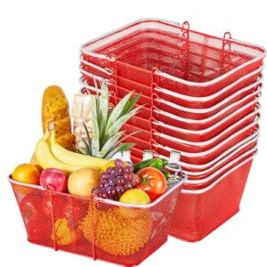 VEVOR Shopping Baskets, 12 PCS, 22L Stackable Metal Grocery Baskets with Handles, Dense Mesh Structure, Holds up to 44 lbs, Portable for Grocery, Retail, Stores, Supermarket, Bookstore, Home Use, Red