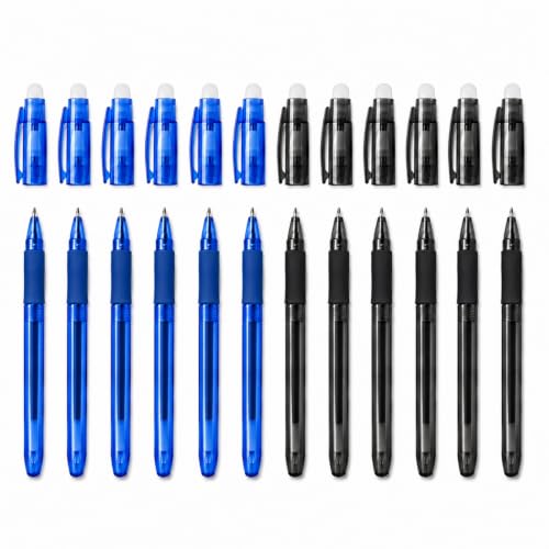 VILMA Erasable Gel Pens, 12 Pack (6 Blue + 6 Soft Black), 0.7mm Fine Point, Heat Erasable Gel Ink Pens, Capped Design, Smooth Writing for Home & Office