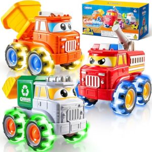 Vroomix GlowRover 3 Pack Monster Truck Toys, City Utility Cars with Flashing LED Light Up Wheels, Push and Go Cars for Boys Girls Age 3 4 5 6 7 Years Old Birthday Gifts