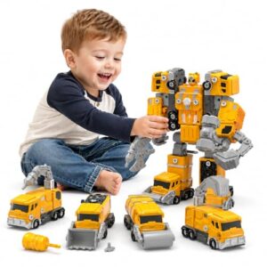 WATUDOU 5-in-1 Take Apart Construction Vehicle Trucks Transform to Robot Toys for Ages 3-5, 3 4 5 6 7 8 Year Old Boy Christmas Birthday Gift Ideas, Robot Toys for Kids 4-8