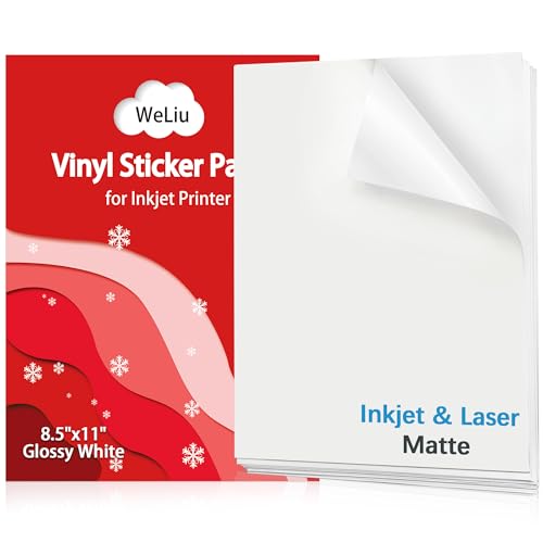 Weliu Matte Printable Vinyl Sticker Paper 21 Sheets, Waterproof White Decal Paper for Inkjet & Laser Printers, 8.5" X 11", Quick Dry Vivid Colors, Ideal for Testing & Small Projects