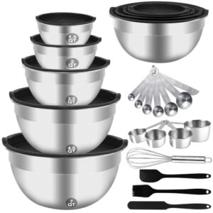 WEPSEN Mixing Bowls Set, 25PCS Stainless Steel Mixing Bowl with Lid Set, Large Nesting Bowls 7, 4.5, 3,2, 1.5QT, Measuring Cups and Spoons Baking Utensils Metal Bowl for Kitchen Prep