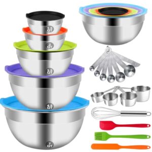 WEPSEN Mixing Bowls with Lid Set, 25PCS Kitchen Utensils Metal Bowl Stainless Steel Nesting Bowls, Measuring Cups and Spoons, Egg Whisk for Baking Prepping Cooking Serving Supplies