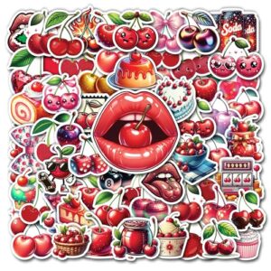 WESILY Pack 50 PCS Cherry Stickers Fruit Themed Cherries Waterproof Sticker Vinyl Decals Supplies Favors Party Decor Water Bottles Laptop Phone Helmet Scrapbooks Gifts Birthday for Kids Teens
