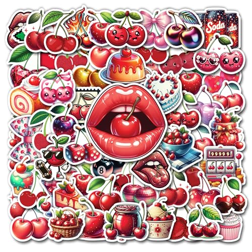 WESILY Pack 50 PCS Cherry Stickers Fruit Themed Cherries Waterproof Sticker Vinyl Decals Supplies Favors Party Decor Water Bottles Laptop Phone Helmet Scrapbooks Gifts Birthday for Kids Teens
