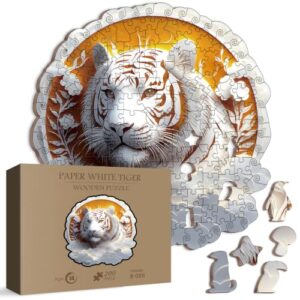 White Tiger Wooden Puzzle for Adults 200 Pieces, Fantasy Wildlife Flower Wood Puzzle for Adults, Unique Shaped Animal Puzzle 200 Pieces