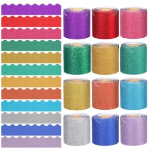 Wiooffen 12 Rolls 393ft Glitter Bulletin Board Borders Colorful Scalloped Trim Bulletin Board Decoration Shiny Bright Classroom Border for Classroom School Chalkboard Door Wall Decor(Glitter Color)