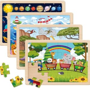 Wooden Puzzles Dinosaur Toys for Kids Ages 3-5, 4 Pack 24 Pieces