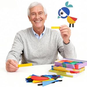 Wooden Tangram Pattern Blocks Puzzle, Dementia Cognitive Game for Elderly, 60 Design Cards Brain Teaser, Memory & Fine Motor Toy for Alzheimer Seniors