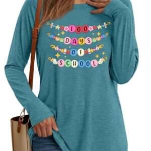 100 Days of School Shirt Women Teacher Graphic Shirts 100th Day of School T Shirt Casual Long Sleeve Tee Tops(Cyan3,Small)