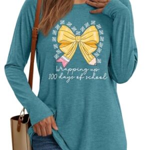 100 Days of School Shirt Women Teacher Graphic Shirts 100th Day of School T Shirt Casual Long Sleeve Tee Tops(Cyan1,Large)