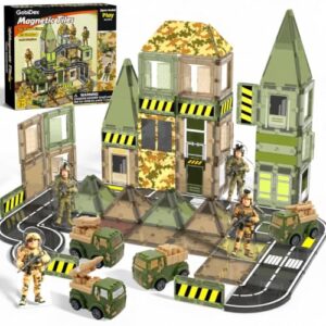 100PCS Magnetic Tiles with 4 Army Men & 4 Trucks, STEM Construction Toys | Military Toys Magnetic Building Blocks for Kids, Christmas & Birthday Gifts for Boys Girls Ages 3+