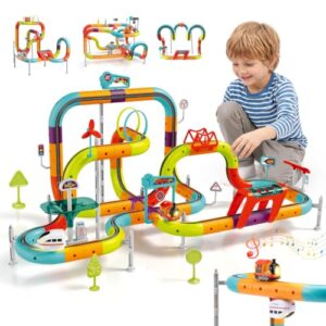 126 PCS Electric Train Set for Kids Ages 3-8, Race Train Track Sets | Dual-Side Cube Race Track, Two Motorized Cars Featuring Sound & Lights, Rail STEM Train Toys Birthday Gifts for Kids 3+