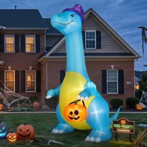 12FT Halloween Inflatable Blue Dinosaur,Blow Up Yard Decorations with LED