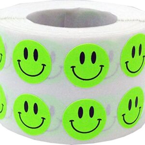 1/2" Inch Small Fluorescent Green Happy Face Labels, 1,000 Total Adhesive Stickers on a Roll, Perfect for Kids Classroom Incentives, Motivational Chart Use